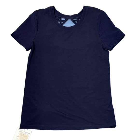 Lorna Jane Navy Short Sleeve T-Shirt work out cut out back NWT - Picture 2 of 7